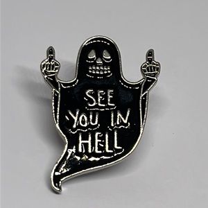 See you in hell. Ghost flipping off. Halloween brooch lapel pin backpack‎
